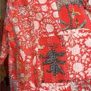 Vibrant Red Patchwork Jacket Kimonos Kantha
